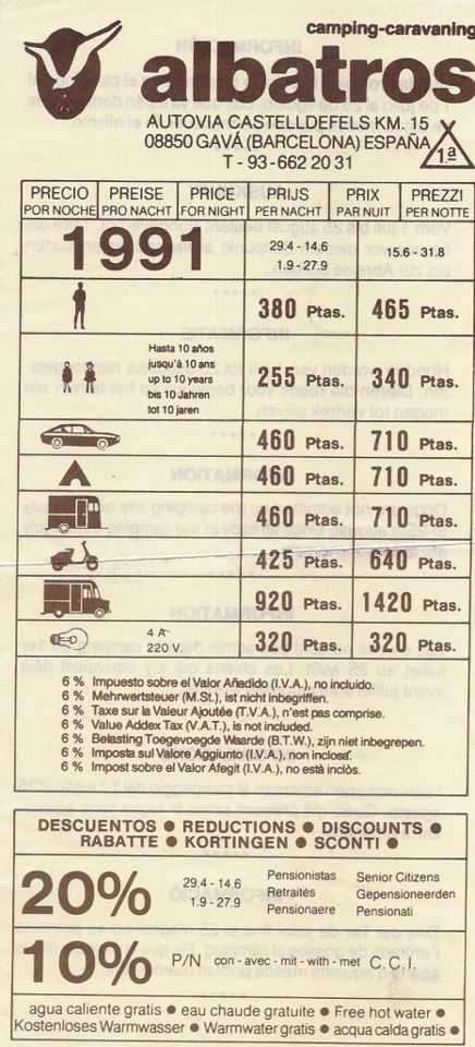 Tarifas del a�o 1991 del Camping Albatros de Gav� Mar